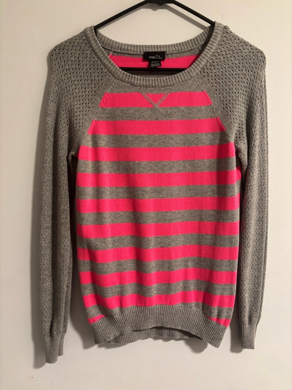 Rue21 Gray and Hot Pink Striped Crewneck Sweater
